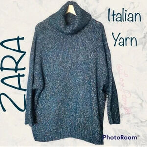 ZARA KNIT Italian Yarn Turtleneck Metallic Thread Knit Sweater Emerald Green